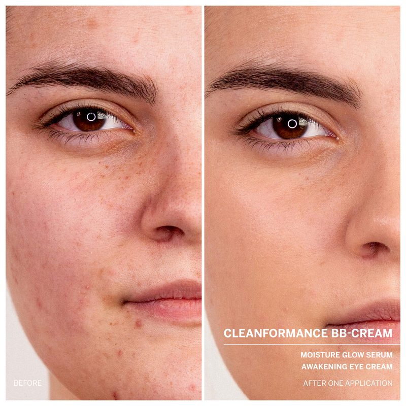 Vorher-Nachher: optischer Effekt der veganen CLEANFORMANCE BB-Cream nach einer Anwendung