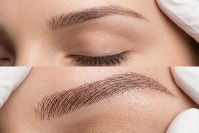 Microblading vorher nachher in Frankenthal – lückenhafte Augenbrauen vor und natürlich verdichtete Brauen nach der Härchenzeichnung bei Beauty Boulevard